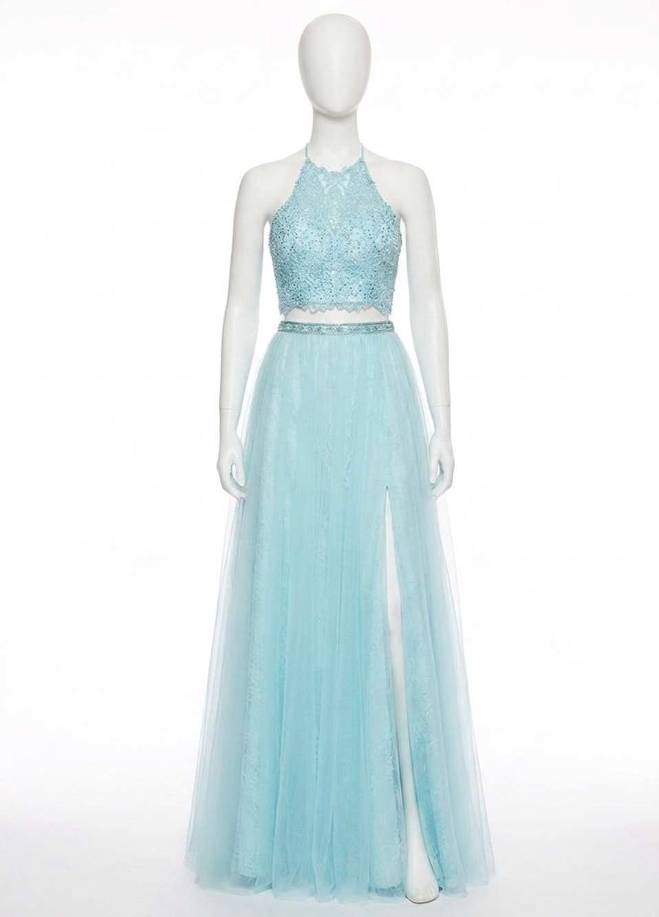 NEW RACHEL ALLAN embroidered lace tulle two-piece prom dress in mint blue